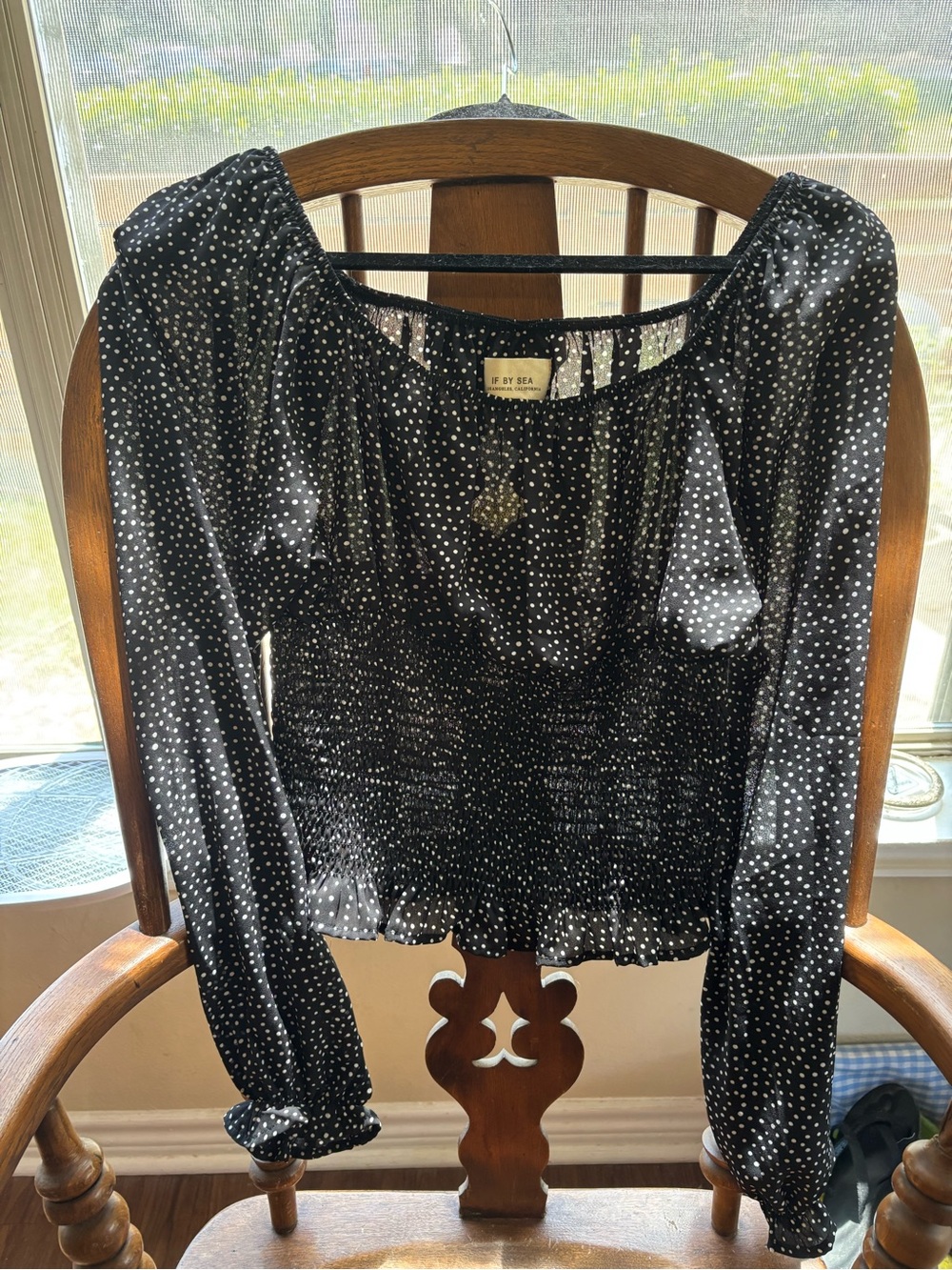 VICI / If By Sea Black Polka Dot Smocked Long-Sleeve Top – Medium – New With Tag